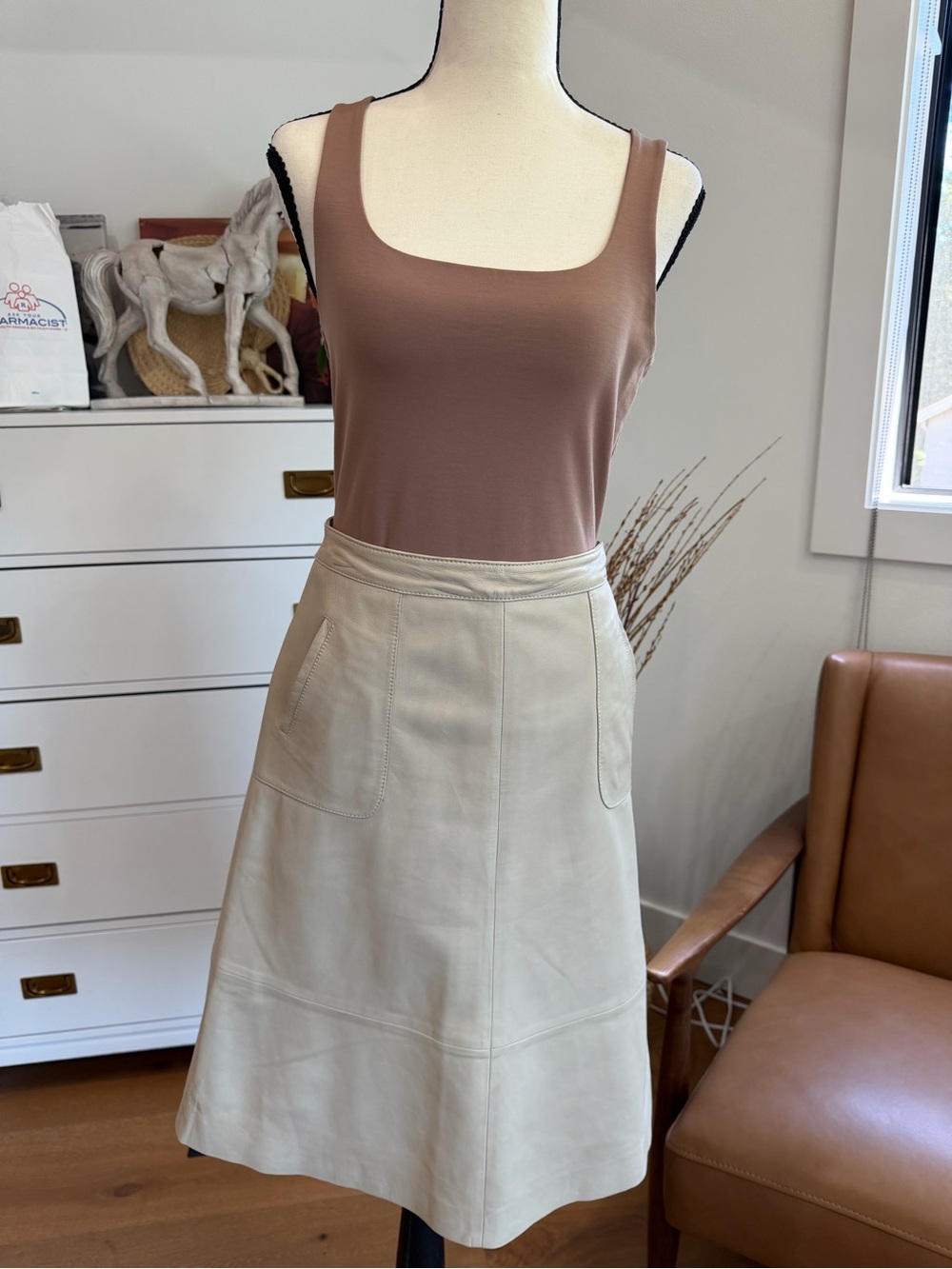 Halogen Cream A-Line Leather Skirt
